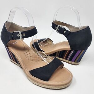 UGG Australia Espadrille Sandal Women 9.5M Atasha Black Leather Striped Wedge